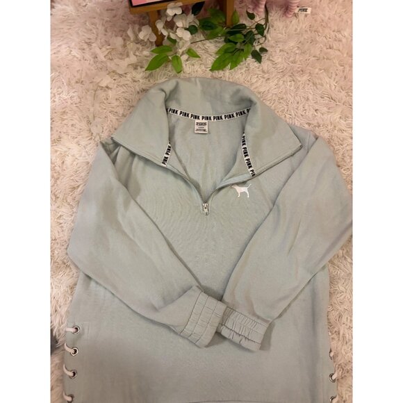Victorias Secret Pink Quarter-Zip Pullover Sweatshirt Size S Teal - Picture 13 of 16
